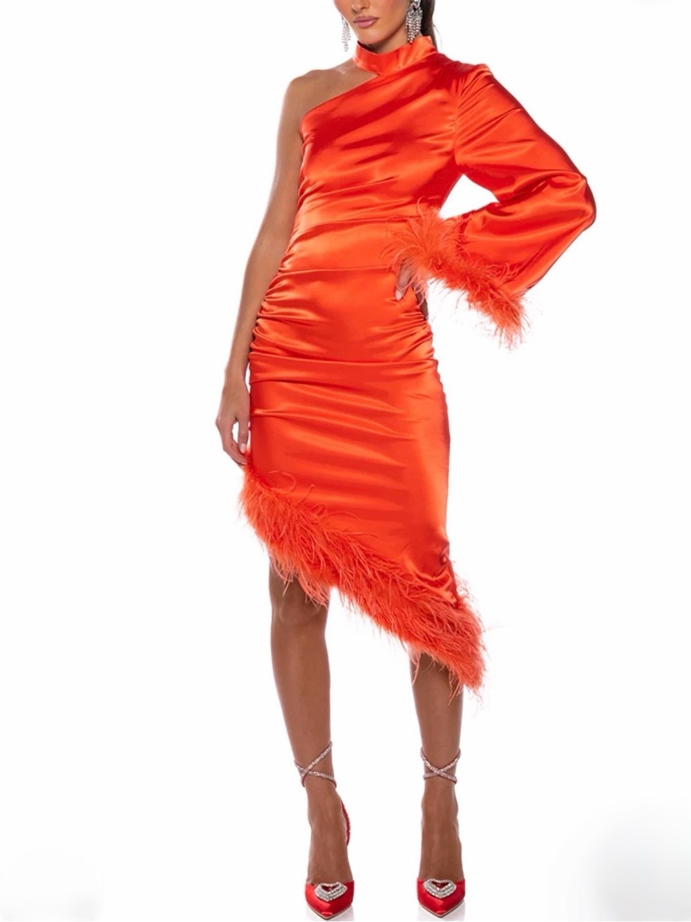 AKIRA One-Shoulder Feather-Trim Satin Dress in Orange